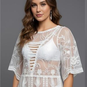 Boho Embroidery Scallop Trim Cover Up
